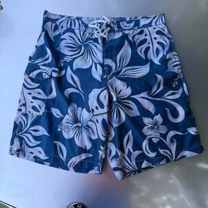 Vintage 90s Hawaiian floral Blue and white Local Motion board shorts
